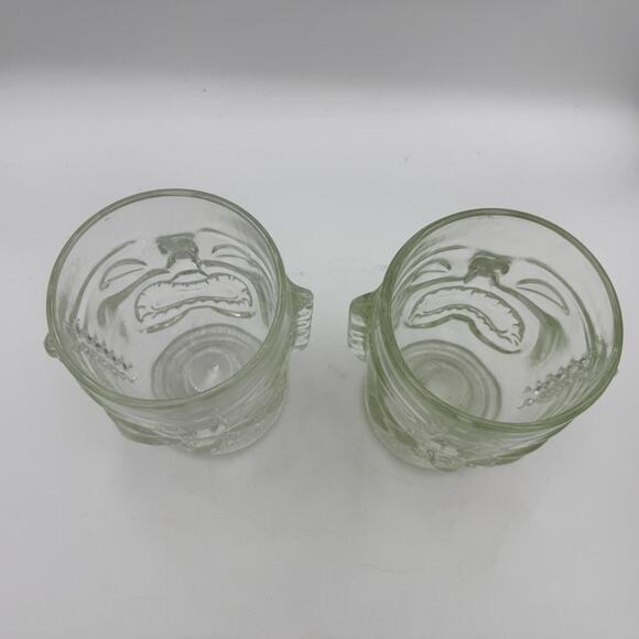 Tiki Face Clear Glass Mugs Set of 2 Vintage Mid-Century Barware Footed Goblets - Picture 4 of 5